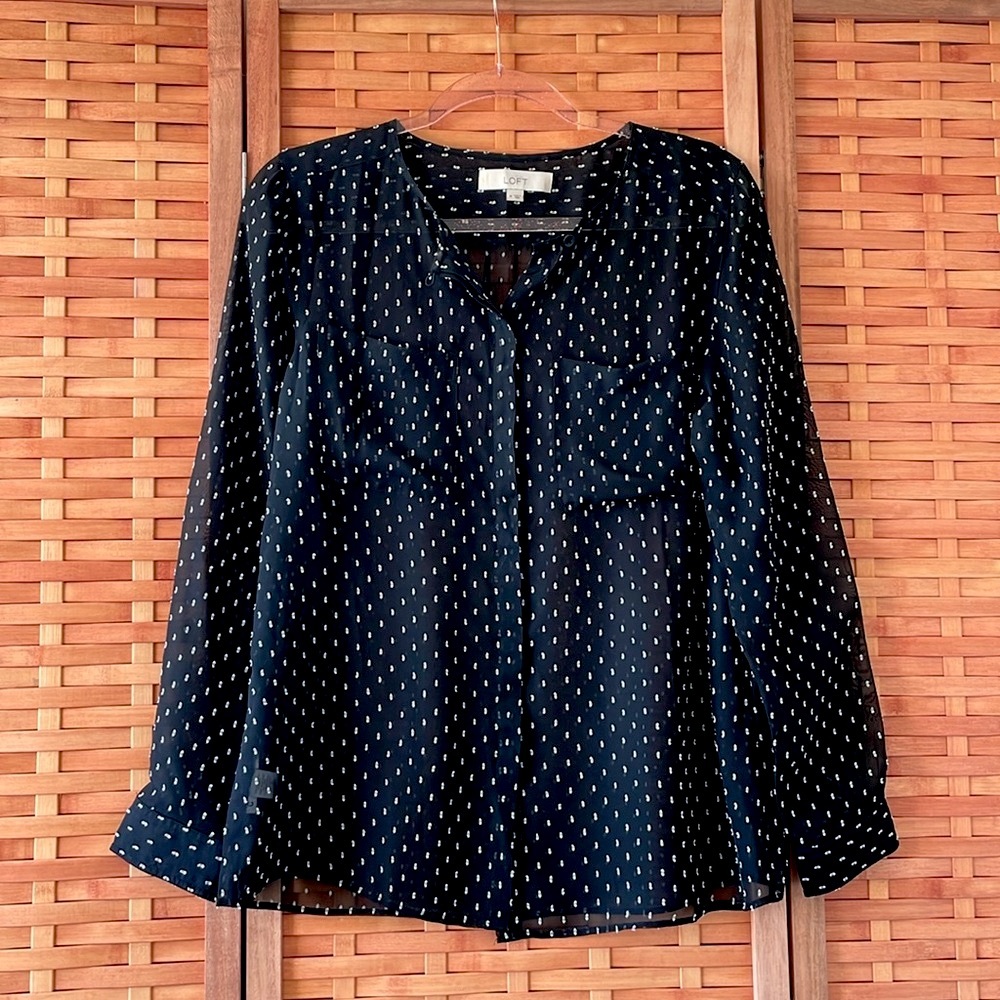 LOFT Black & White Sheer Polk Dot Blouse